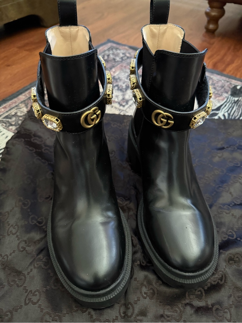 Gucci Black Leather Ankle Boots with Gold GG and Crystal Straps